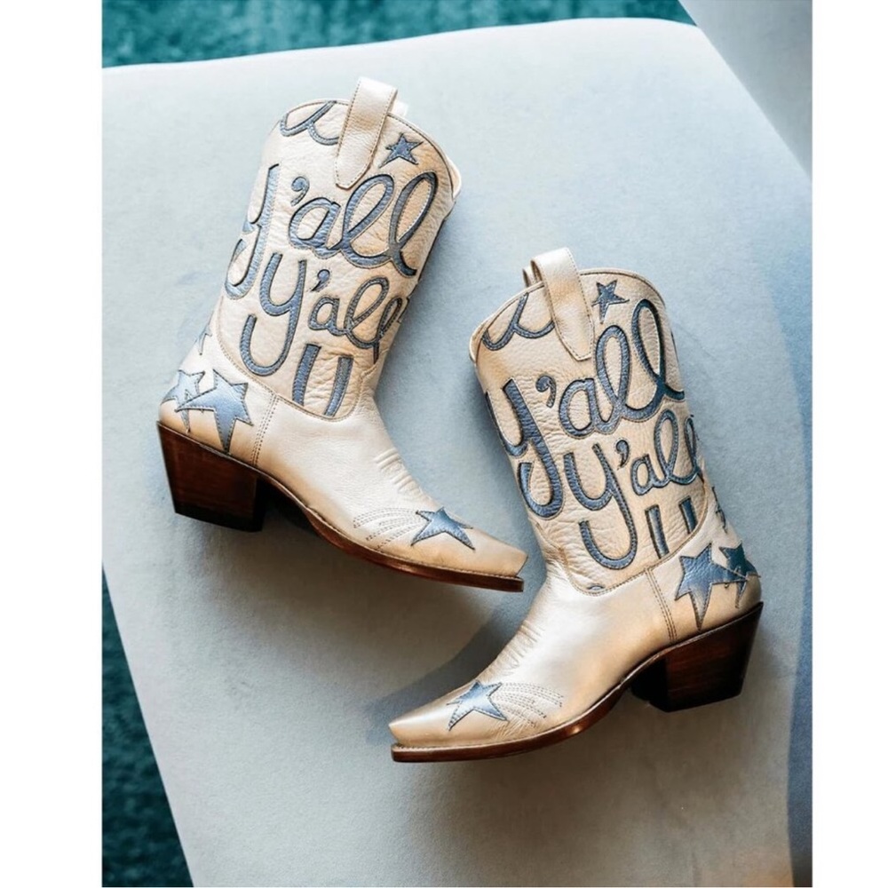 ⭐ Metallic Cowboy Boots for Women - Embroidered Mid Calf Western Cowgirl Boots - Picture 2 of 7